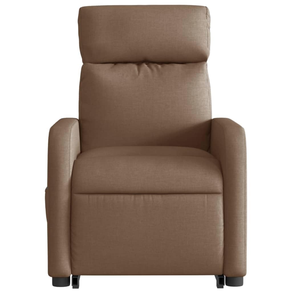 Sillón elevador reclinable eléctrico marrón tejido con motor para elevación y función reclinación automática hasta 135 grados, estructura estable de madera y metal,