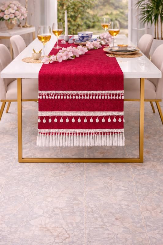 WWW.THROWPILLOW.IN Red Table Runner with Tassels & Kowri 14x42 Inch| Fits 2.5 Feet Bedroom Dresser, Drawer Cabinet, Bedside Table, Bedside Drawer, Shoe Shelf Cupboard, Entry Console