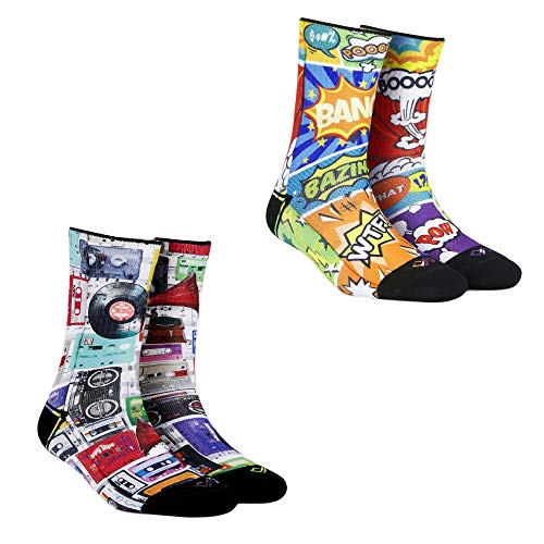Image of DYNAMOCKS Men & Women Crew Length Socks (Comic+Cassettes)(Combo Pack of 2; Multicolour; Anti-Odour; Breathable; Durable) (Small-Fits Shoe Size India /UK 4-7)(Large-Fits Shoe Size India /UK 8-10)