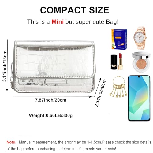 Small Crossbody Purse Bag for Women,Mini Y2k Silver Metallic Croc-Embossed Clutch Handbag,Cute PU Leather Pouch Wallet Fit for Phones2