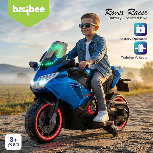 Image of Baybee BoltX Electric Bike for Kids 3+ Years | Baby Rechargeable Battery Bike with Training Wheels, Hand Accelerator, Foot Brake, Led Lights & Music | Battery Operated Bike for Kids to Drive (Blue)
