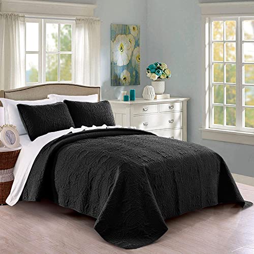 Pure Bedding Quilt Set Full/Queen Size Black - Oversized Bedspread - Soft Microfiber Lightweight Coverlet for All Season - 3 Piece Includes 1 Quilt and 2 Shams, Geometric Pattern