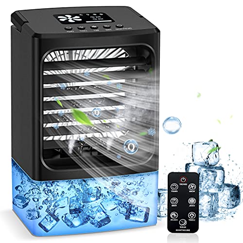 Portable Air Conditioner Fan, Personal Mini Air Conditioner Small Air Cooler Desk Fan with Remote Controller, Timer, Handle, Quiet Air Circulator Humidifier Misting Fan for Home, Office, Room - Black