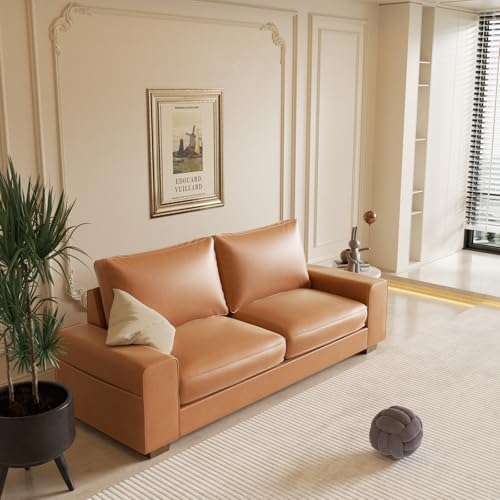 Image of Valthie Faux Leather Couch, Mid Century Modern Comfy Loveseat Sofa with Wide Arm, Side Pockets, Solid Wooden Frame for Office, Living Room and Bedroom, 3 Seater (Brown, 88.58 inches)