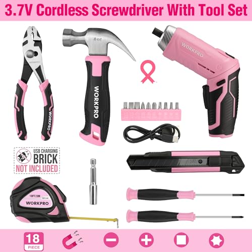 Image of WORKPRO Pink Tool Set, 3.7V Electric Screwdriver Kit with Toolbox