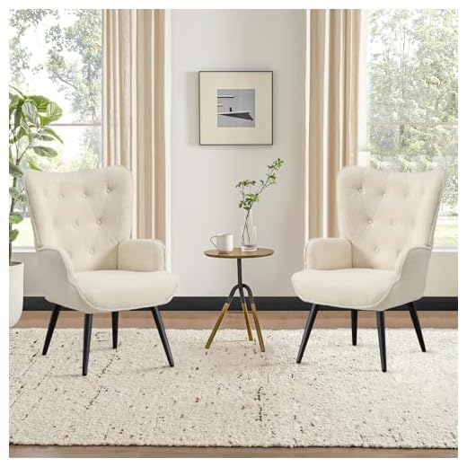 Furniliving Boucle Accent Chair for Living Room, Upholstered Reading Chair with High Backrest, Tufted-Button Wingback Armchair for Bedroom, Dressing Room, Home Office, Ivory White, Set of 2