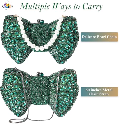 Image of Handmade Inlay Rhinestone Bow Clutch Bag for Women, Sparkling Evening Party Wedding Purse with Detachable Pearl Chain
