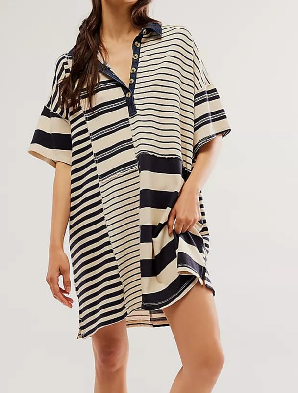Image of NUFIWI Y2K Striped Shirt Mini Dress for Women Oversized Stripe Tunic Tshirt Dresses Short Sleeve Buttons Loose Fit Tee Dress