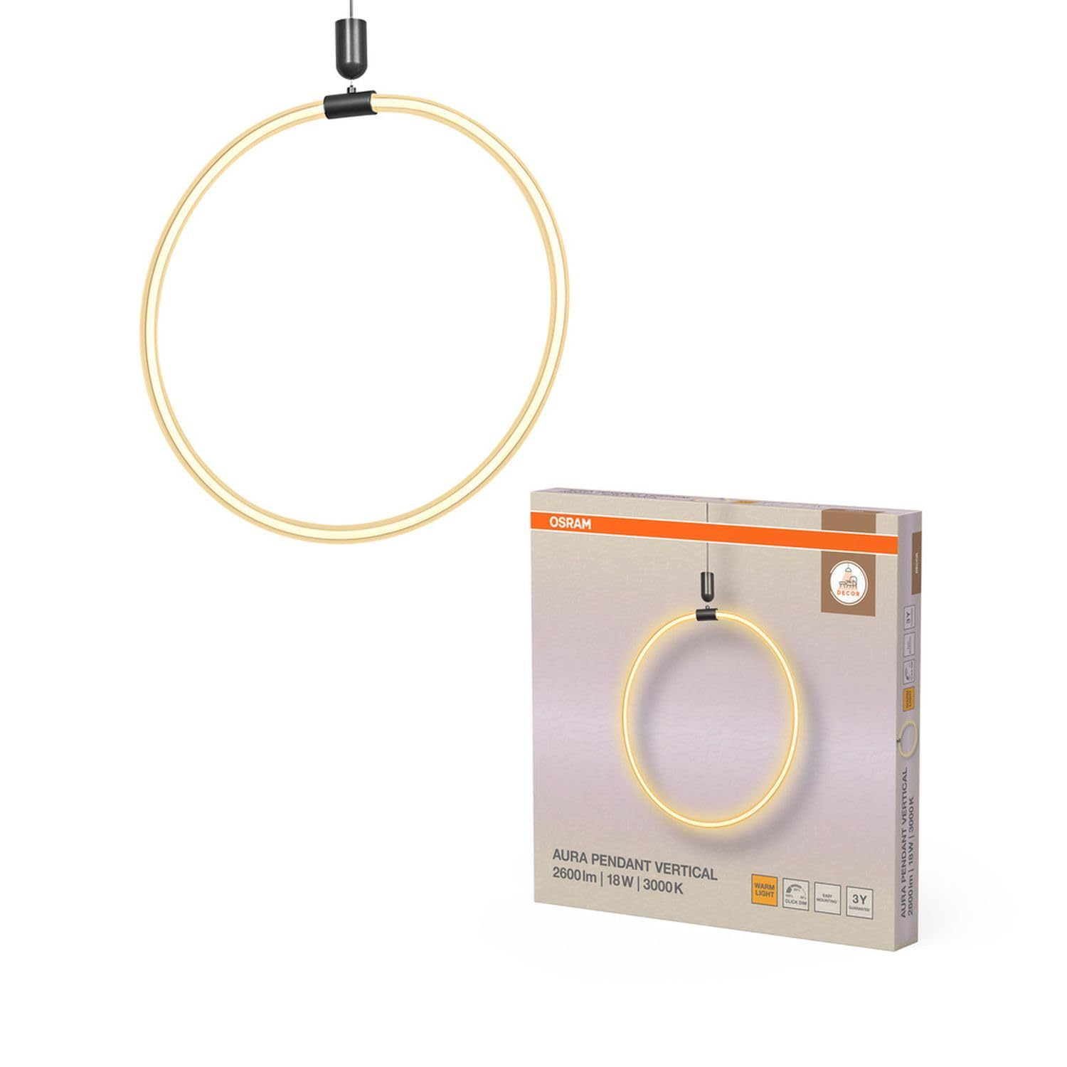 Osram Decor Aura - Lampada a sospensione Vert in policarbonato curvo con LED e design a filamento, 18 W, 2000 lm, 3000 K, 830 bianco caldo, dimmerabile, grigio scuro, plastica (PC), 498 mm, IP20