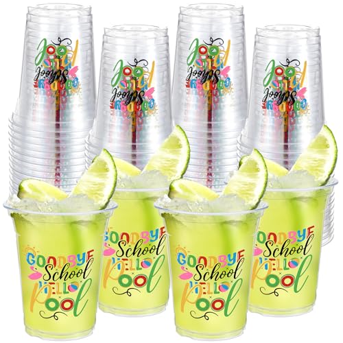 Qinyoung 50 Pcs Goodbye School Hello Pool Clear Disposable Plastic Cups Drinking Cup Summer Party Supplies Cocktail Pool Party Favors for Goodie End of School Year Summer Vacation