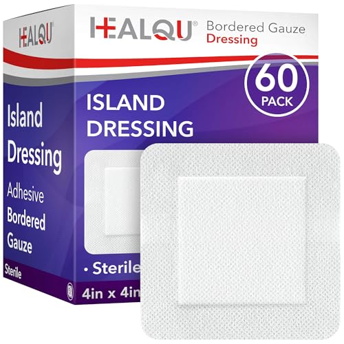 HEALQU Island Dressing - 4x4 60 Count - Bordered Gauze Sterile Individually Wrapped Gauze Pads Water-Resistant Non-Woven Backing - Soft and Breathable Wound Dressing for First Aid and Medical