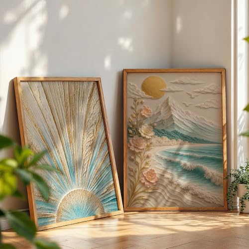 Image of NoWorries Coastal Sunrise Wall Painting Set of 2 with Frame | Textured Sunburst & Beach Landscape Artwork, Ocean Mountain Floral Nature Wall Decor for Living Room, Bedroom, Office and Home Decoration (Art-3, 21x31inch)