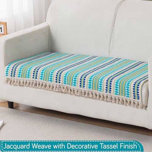 Image of HOKIPO 'Artisan Boho Series' Sofa Cover Mat with Tassel | 450 GSM Cotton Acrylic Jacquard for 2 Seater Sofa, Aqua Blue (IN-902-A4*S)