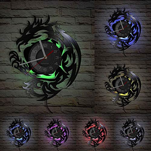Wwbqcl Drachen Schallplatte Wanduhr Feuer Mittelalterliche Drachen Fantasie Wohnkultur Stille Hängende Uhr Für Jungenzimmer Mit Led Cover