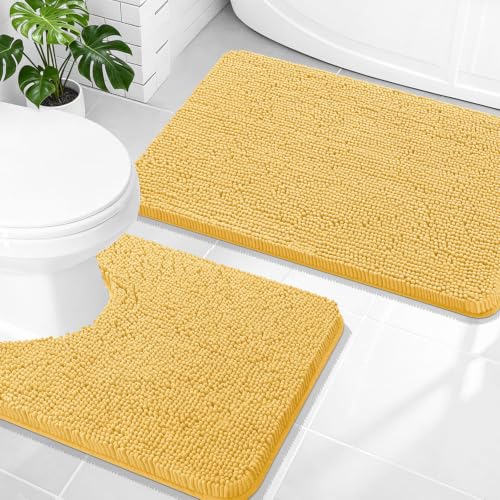 Image of OLANLY Bathroom Rugs Sets 2 Piece, Soft Absorbent Chenille Bath Mats and U-Shaped Contour Toilet Mat Area Rug Set, Machine Washable Bath Carpet, Home Decor Accessories(30 inchx20 inch+24 inchx20 inch, Yellow)