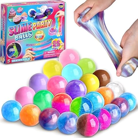 Big 25 Variety Slime Balls Party Favors for Kids, FunKidz 5.5cm Ball Size Bulk Premade Slime Pack Toys for Boys Girls 6-12 with Galaxy, Butter, Cloud, Unicorn, Mermaid, Glow, Clear Slimes Cover
