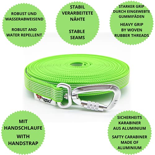 Twinkys Dog Style Schleppleine gummiert mit Sicherheitskarabiner 20 mm breit für Hunde bis 50 kg - MIT Handschlaufe 5 Meter Neon Grün Made in Germany
