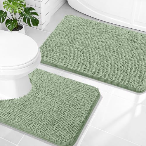 Image of OLANLY Bathroom Rugs Sets 2 Piece, Soft Absorbent Chenille Bath Mats and U-Shaped Contour Toilet Rug, Non-Slip, Machine Washable Bath Carpet, Home Decor Accessories(30 inchx20 inch+24 inchx20 inch, Sage Green)