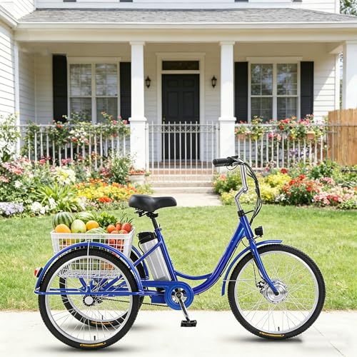 HpJfdsU Bicicleta Eléctrica De 3 Ruedas para Adultos (Carga De 150 Kg) + Batería De Litio (36 V/12 Ah) + Cesta De La Compra, Eléctrica/Asistida/Pedal, Altura Ajustable (29,5''-33,4'') Blue