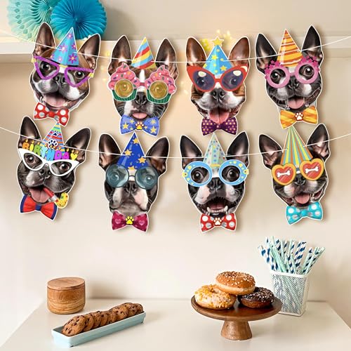 Image of Boston Terrier Birthday Garland - Photographic Boston Terrier Faces Birthday Banner, Funny American Gentleman Bday Party Decoration for BostonTerrier Lovers, Easy Assembly