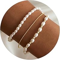Nogesida 14k Gold Plated Pearl Beaded Bracelets for Women - Dainty Stackable Link Chain Set, Ideal Christmas Gift Jewelry