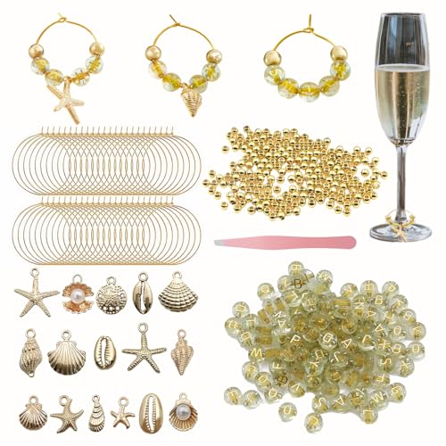 PaoShuTai 50 Sets Wine Glass Charms Wine Charms for Stem Glasses DIY Reusable Drink Markers for Weddings & Bachelorette with Alphabet Beads