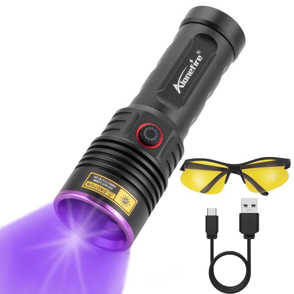 Alonefire SV53 36W 365nm UV Torch USB Rechargeable Ultraviolet Black Light Pet Urine Detector for Resin Curing, Fishing, Scorpion, Dry Glue, Minerals with UV Protective Glasses, Battery Included