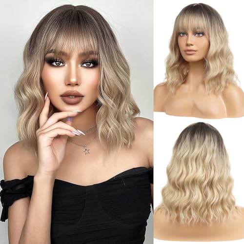 Image of BERON Blonde Ombre Short Wigs Curly Shoulder Length Wig with Bangs Ombre Color Wavy Hair Wigs 35 cm /14 Inch Women's Synthetic Wigs Daily Party Use