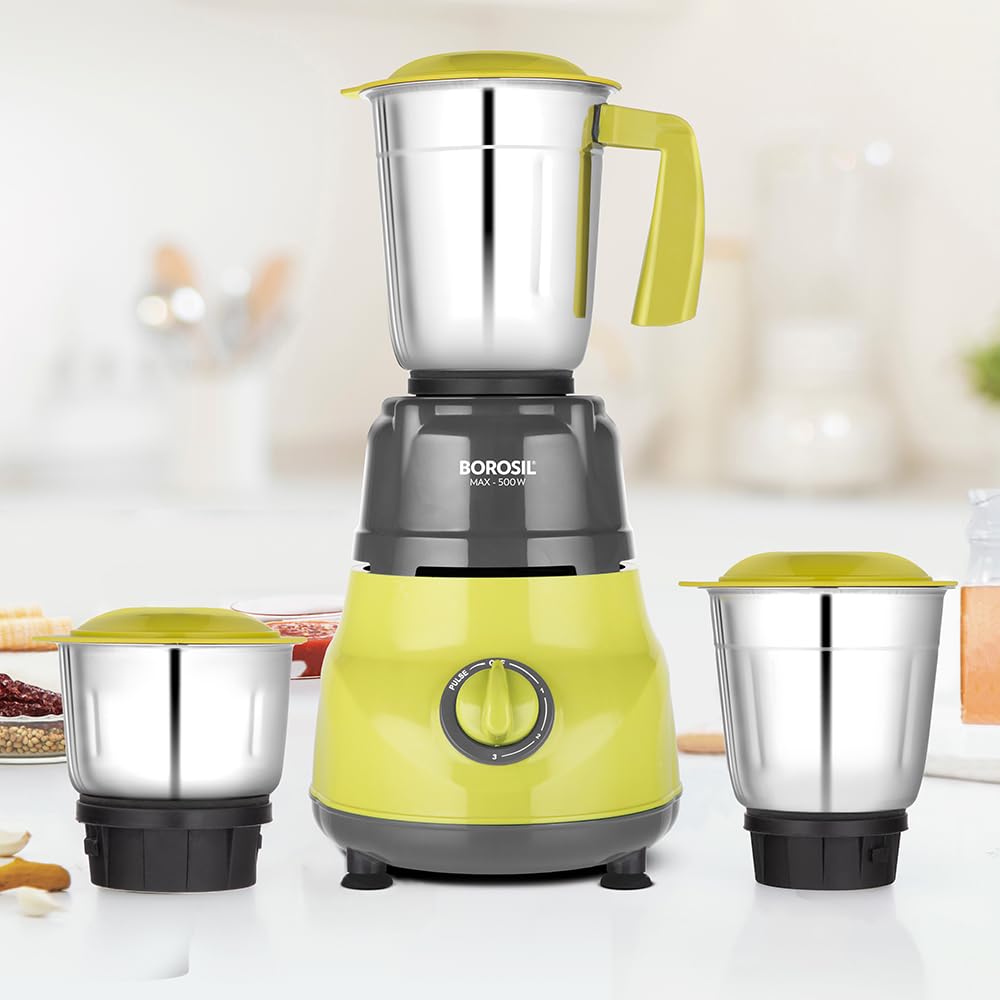 Borosil Max 500W Mixer Grinder | Wet & Dry Mixing, Grinding & Blending | 3 Jars with PP Lid (1.5L Blending, 0.8L Grinding, 0.4L Chutney) | Yellow | 2 Years Warranty-image-15