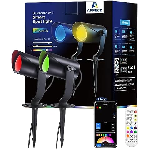 APPECK Smart Landscape Lighting, IP67 Waterproof Landscape Spotlights, 1500LM Dimmable RGBICW Pathway Lights Work with Alexa, Spot Lights for Christmas Outdoor Decoration, 2 Pack Cover