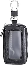 Leather Key Case for Car Key Holder with Metal Hook and Zipper with Clear Window Black