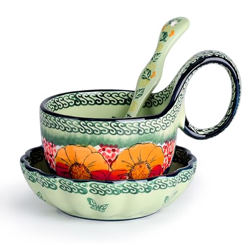 silesia Handmade Loop Handle Soup Bowl, Plate and Spoon Set Ceramic Hand Painted Cereal Bowl Great for Soup, Ice cream, Snack, Stew in Gift Box, Dishwasher & Microwave Safe, Glazed Green silesia Handmade Loop Handle Soup Bowl, Plate and Spoon Set Ceramic Hand Painted Cereal Bowl Great for Soup, Ice cream, Snack, Stew in Gift Box, Dishwasher & Microwave Safe, Glazed Green