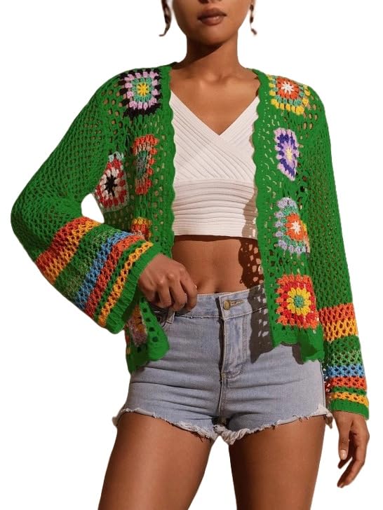 Cardigan Élégant Femme Cardigan en Crochet Fleuri pour Femme Fait À La Main Tricoté Ajouré Style Bohème Motif Floral Carré Manteaux Légers Manches Évasées Hauts Cache-Épaules
