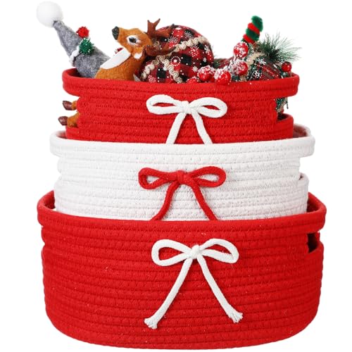Image of Breling 3 Pieces Valentine's Day Gift Basket Coquette Bow Laundry Hamper Cotton Rope Storage Woven Rope Bin with Handles for Decoration Organization Storage for Nursery, Pet Toy Basket(Red, White)