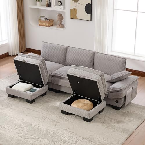 MODENVIE Sofá modular de 3 plazas con 2 taburetes, asiento ancho ergonómico, sofá de salón con conexión -C, sofá de salón con bolsillos laterales, sala de estar, color gris claro
