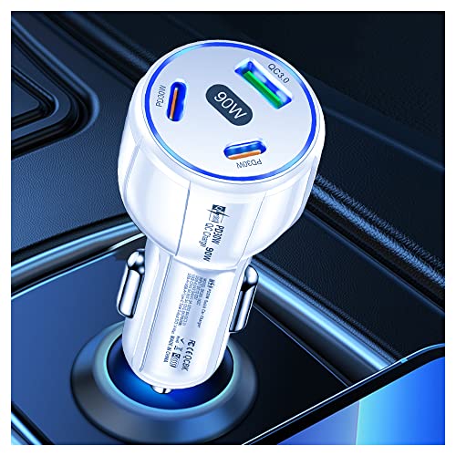 USB C Car Charger,3-Port 90W High Power Cigarette Lighter USB Charger with QC3.0&PD30W Super Fast Charging,Car Charger Adapter Compatible with iPhone 14 13 Pro Max and All Smart Phone(QC3.0/2PD White)