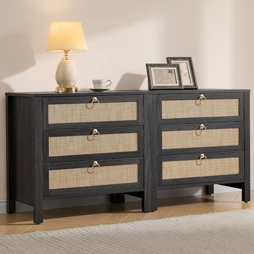 Image of SICOTAS Nightstand Set of 2 with Drawers, Rattan Nightstands, Large Modern Boho Night Stand Wide Bedside Tables for Bedroom