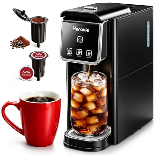 Horavie Hot and Iced Single Serve Coffee Maker, for K-Pod and Grounds, Strong Brew Setting, 6-12 Oz Brew Sizes One Cup Coffee Maker for Home, Travel, RV, Office and Dorm, Black