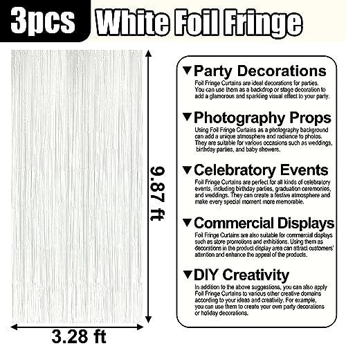 Image of 3 Pack Macaron White Foil Fringe Curtain Backdrop, 3.28Ft x 9.8Ft Metallic Tinsel Foil Fringe Streamer Curtains for Photo Booth, Christmas Day, Thanksgiving, Wedding, New Year Party Decorations