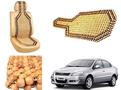 Image of Car Bead Seat Wooden Beads Cushion Cover Pad for Chery Cielo, Acupressure Sitting Seat Cover | Cream Color - Pack of 1
