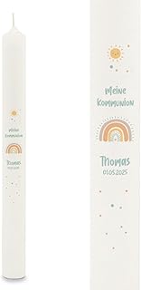 GRAVURZEILE Vela de barra impresa – Arco iris pastel – Personalizado con nombre y fecha – Regalo para bautizo, comunión o confirmación – para niños y niñas – Vela altar 400/40 mm – Blanco