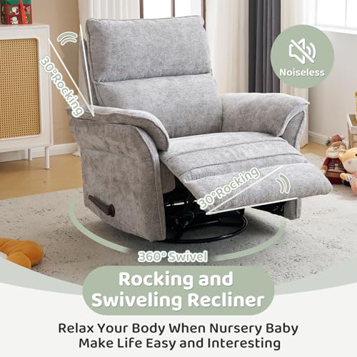 Image of Swivel Rocker Recliner with Adjustable Headrest,Upholstered Glider Rocker Recliner with Overstuffed Armrest,Manual Recliner Nursery Chair for Living Room,Light Grey