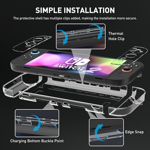 Image of RHOTALL Slim Clear Case for Nintendo Switch 2 2025, Hard PC Crystal Protective Dockable Transparent Shell Cover with Tempered Glass Screen Protector for Switch 2 7.9 Inch, 4 Thumb Caps