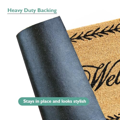 Image of ATMAH Welcome Leaf Border Coir Door Mat 45 x 75 cm | Heavy Duty Entrance Mat | Anti Slip PVC Backing | Indoor & Covered Outdoor Doormat