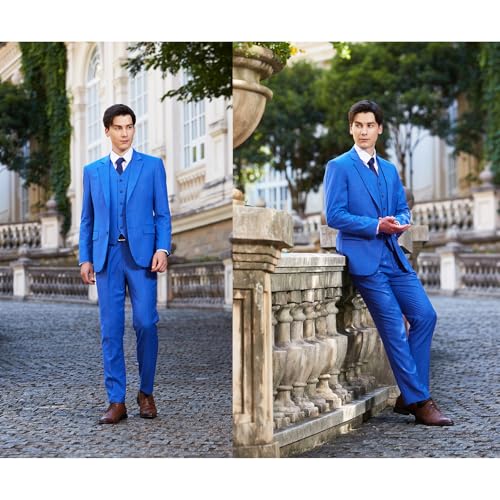 Men's 3 Pieces Slim Fit Plaid Suits Wedding Party Checked Tuxedo Blazer Jacket Vest Pants Suit Set, Blue XL3
