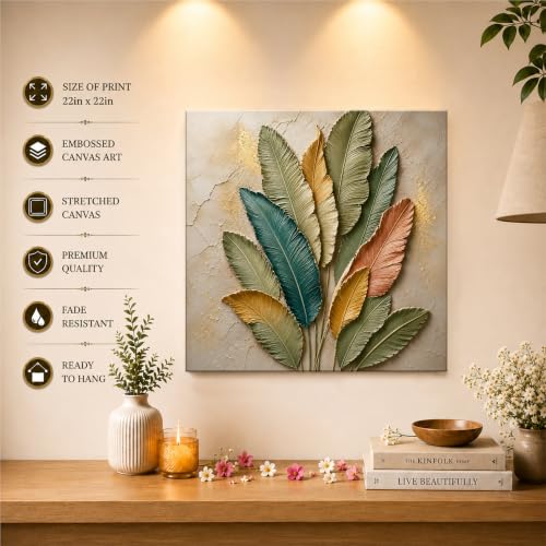 Image of PAINTINGMANTRA Textured Embossed Floral Leaf Canvas Wall Art Painting for wall decoration, Multi-Color Feather & Leaf Motifs Stretched Canvas Painting for Living room, bedroom, Home and office, 22x22 Inch