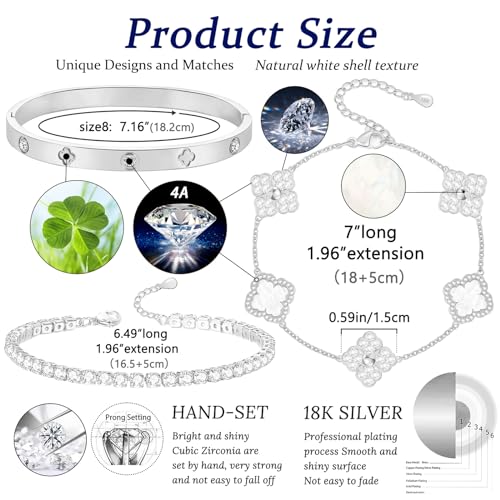 Lucky Four Leaf Bracelets Set - Silver Plated Cubic Zirconia Bangle for Women2