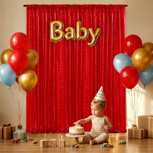 Image of Red Sequin Backdrop Curtains-2 Panels 2FTx8FT Red Backdrop for Valentines Day, Glitter Party Decorations Background Drapes for Wedding Birthday Anniversary Graduation Photo Booth Decor