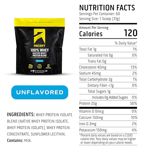 Image of Ascent 100% Whey Protein Powder - Post Workout Whey Protein Isolate, Zero Artificial Flavors & Sweeteners, Gluten Free, 5.5g BCAA, 2.6g Leucine, Essential Amino Acids, Unflavored, 4 Lb
