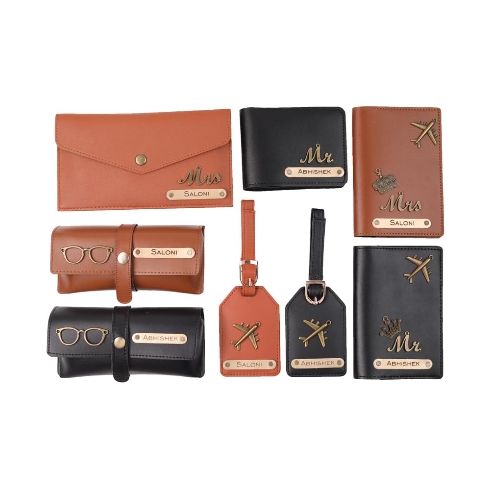 Personalised Name, Charm & Color Couple Leather Wallet 8Pcs Gift Set For Men & Women |Marriage Wedding Anniversary Gift For Couples Friend Husband Wife,Brown